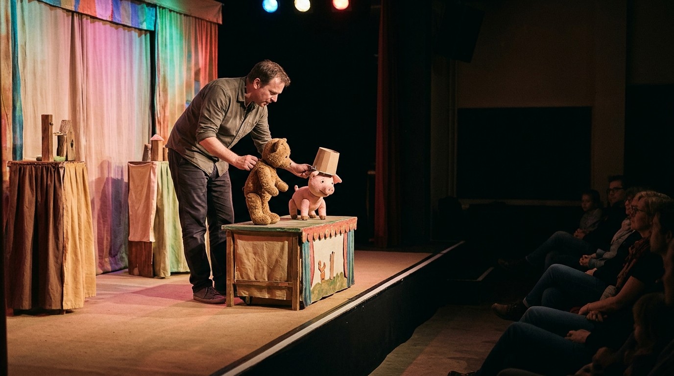 AI-generated image: Puppet show “Pierre the Bear” — FEZ-Berlin — Raum 351