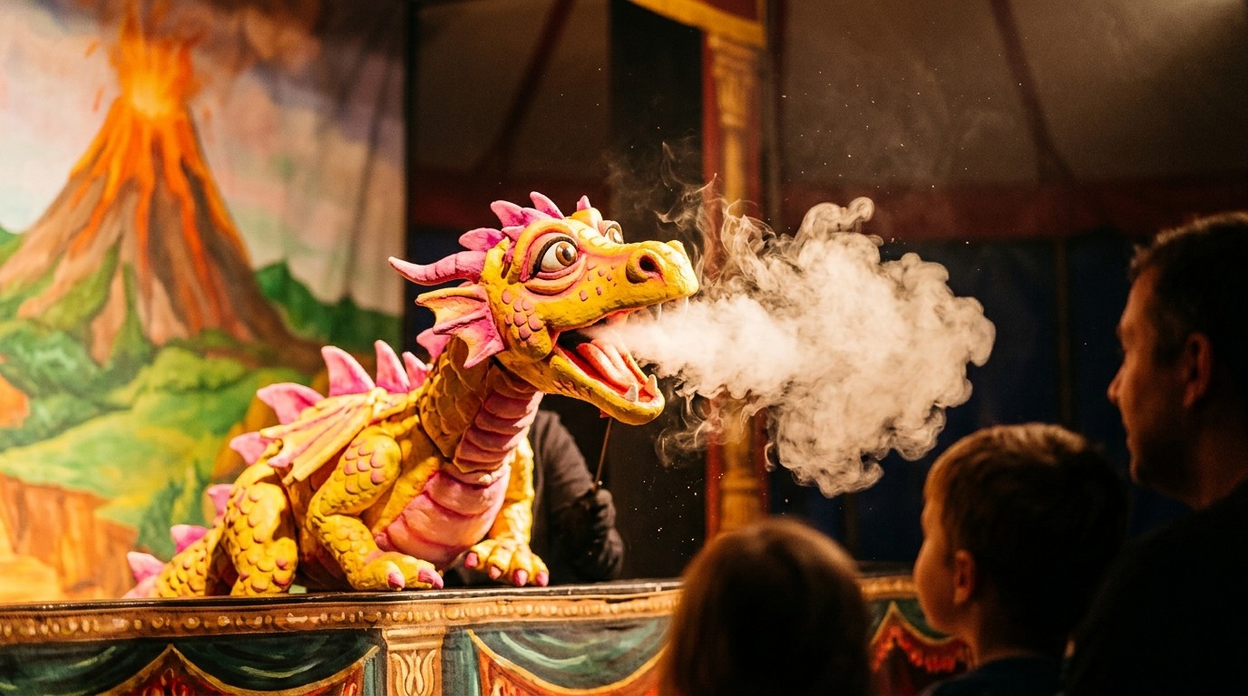AI-generated image: Play “Furzipups und Lulu Lavazunge” — Kindertheater Purzelbaum