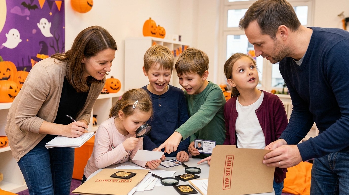 AI-generated image: Kids' quest “Secret Mission: Halloween” — Happytoria Kindergeburtstage