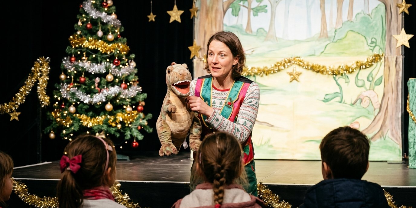 AI-generated image: Play “Frau Schaum und ein Dinosaurier unterm Weihnachtsbaum” — Theater Jaro