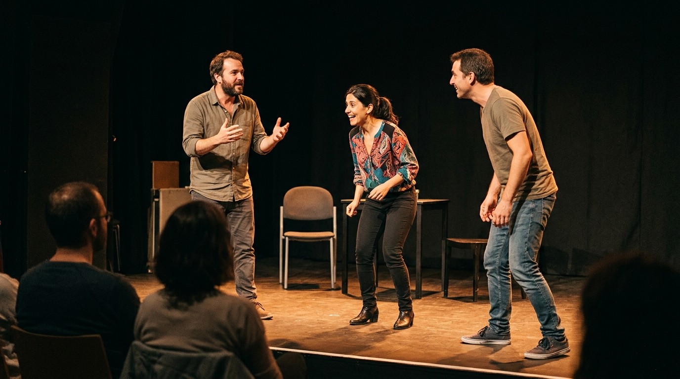 KI-generiertes Bild: Spanisches Improtheater „Noche de Impro“ — Fliegendes Theater