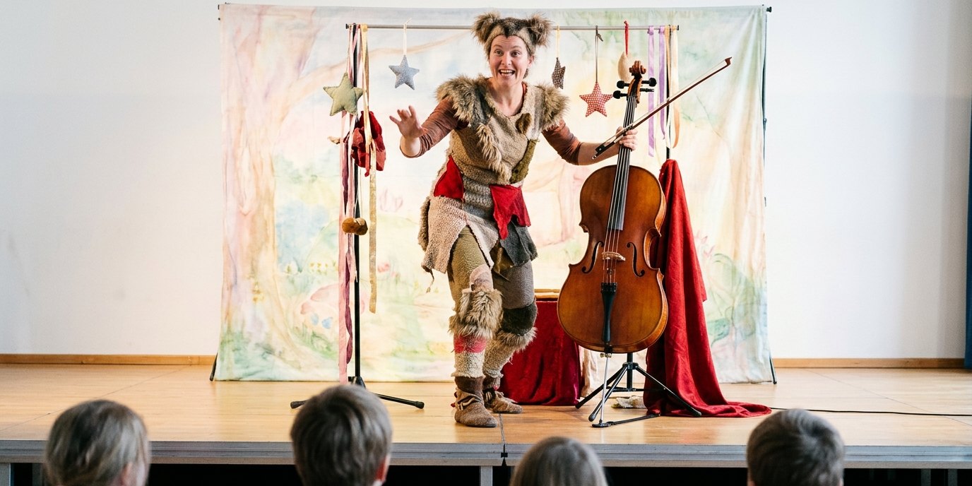 KI-generiertes Bild: Musikalische Erzählung „Rotkäppchen und der Wolf im Nachthemd“ — ATZE Musiktheater