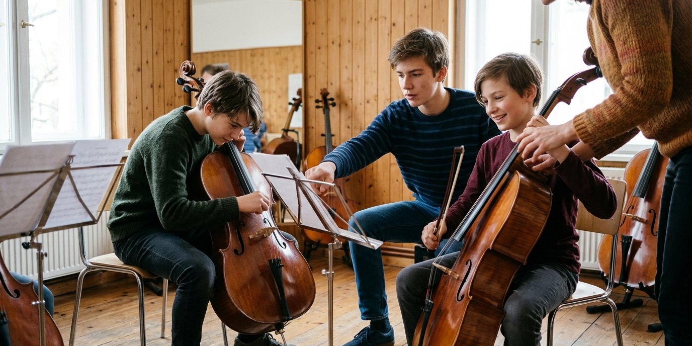Изображение, созданное ИИ: Мастер-класс виолончельного ансамбля — Musikschule Béla Bartók, Standort Senefelderstr.