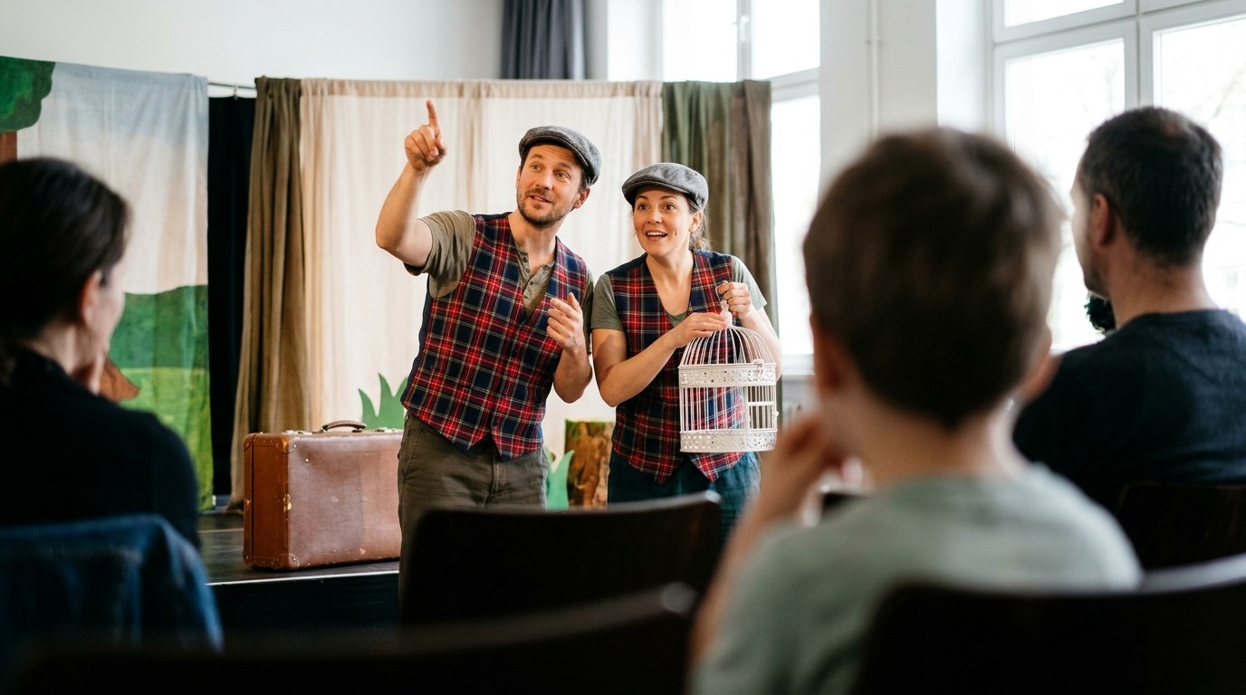 KI-generiertes Bild: Theaterstück „Der blaue Vogel“ — Fido Bergmannkiez