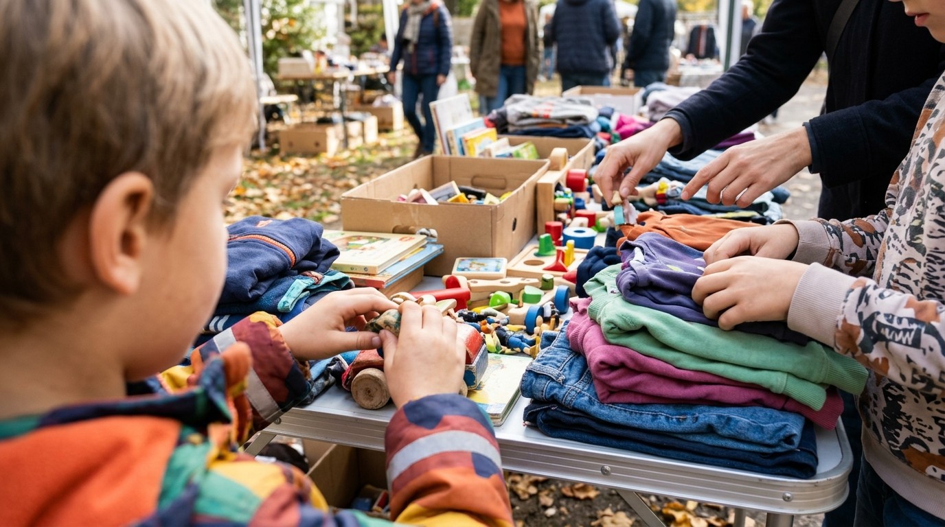KI-generiertes Bild: Familientrödel — Familienzentrum Mehringdamm