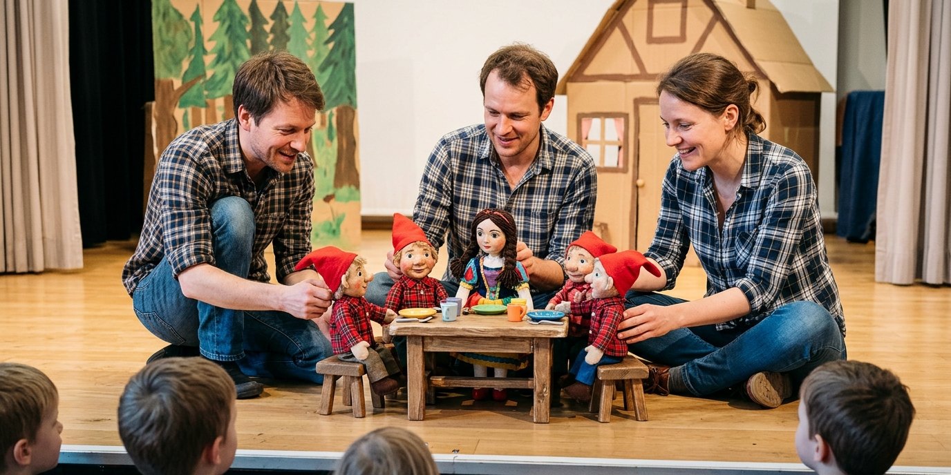 AI-generated image: Puppet show “Snow White” — Fliegendes Theater