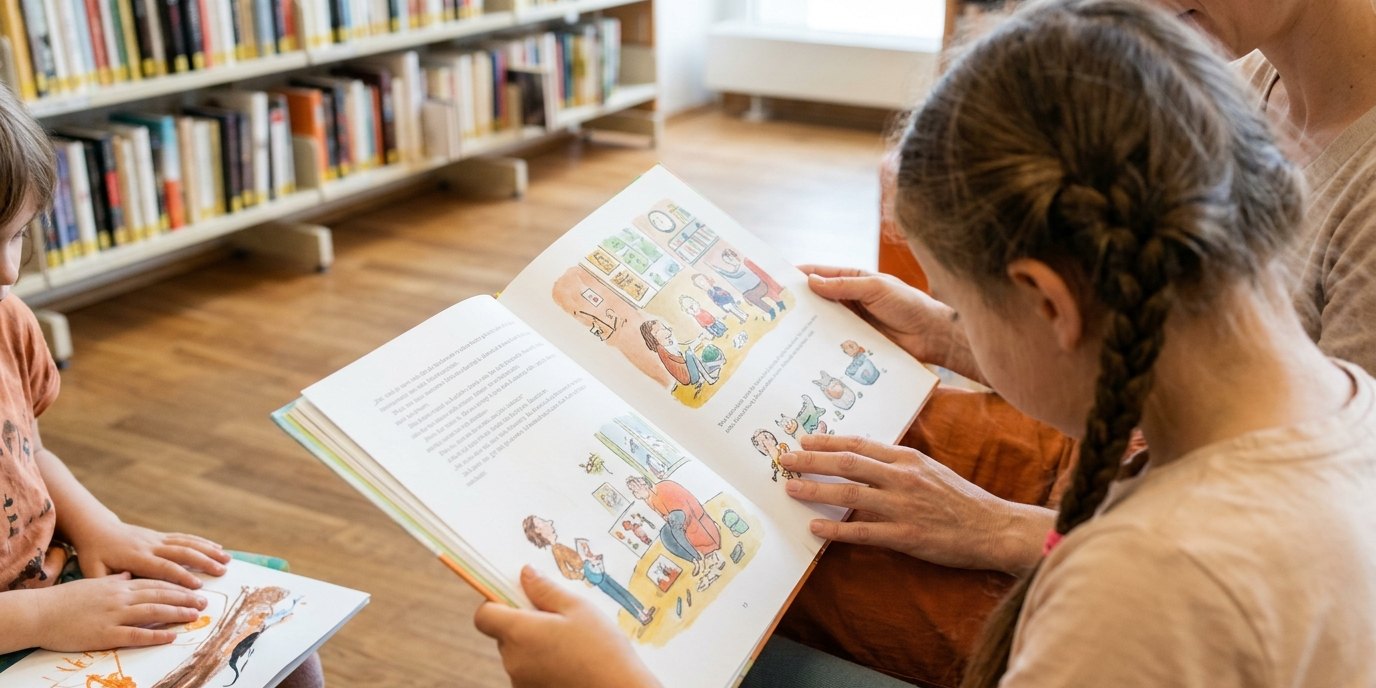 KI-generiertes Bild: Vorlesestunde — Schiller-Bibliothek