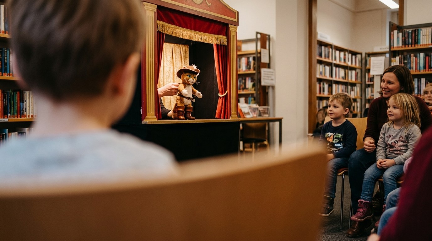 AI-generated image: Puppet show “Puss in Boots” — Kurt-Tucholsky-Bibliothek (Pankow)