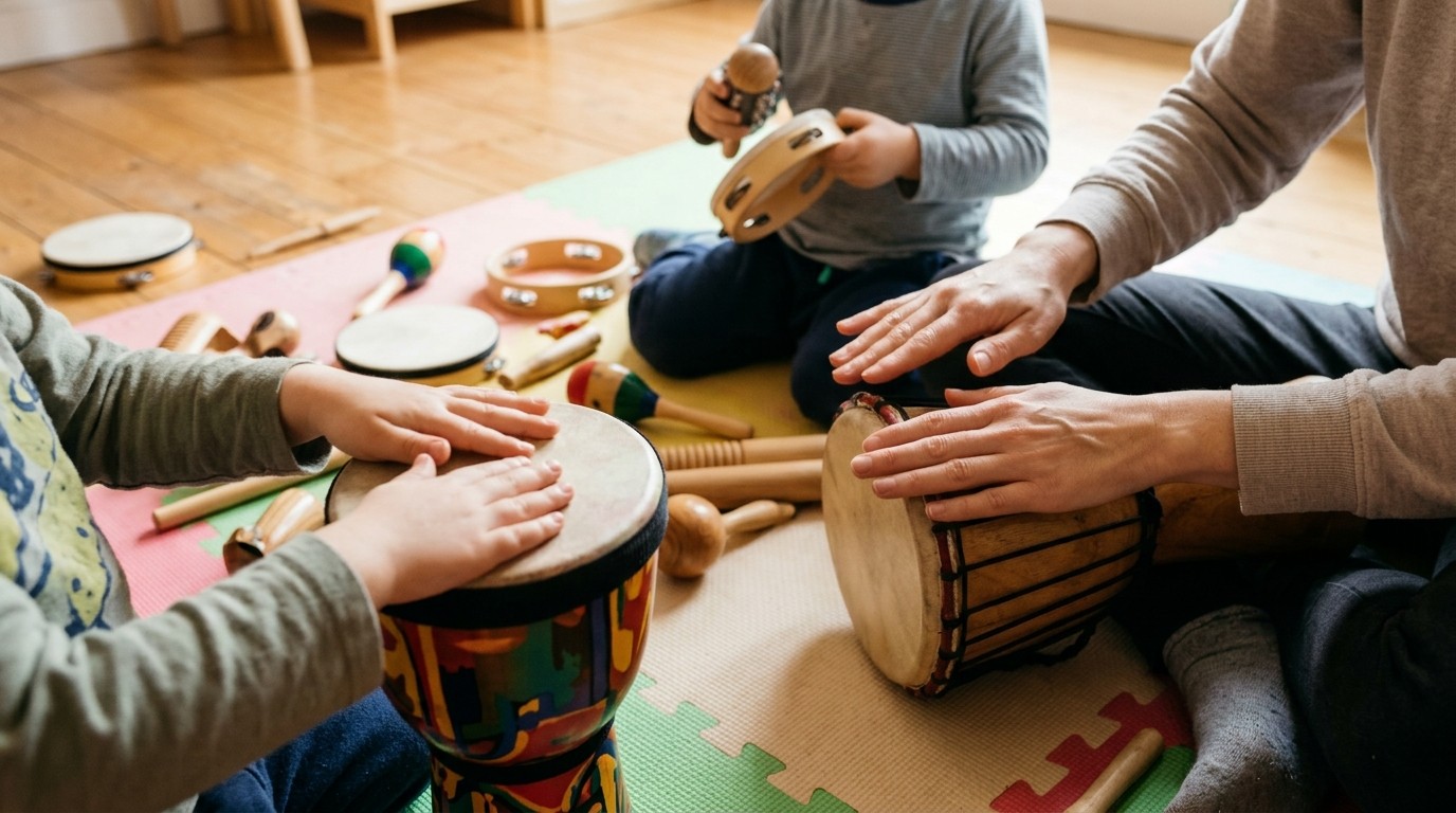 AI-generated image: Parent and child drumming — exploratorium berlin