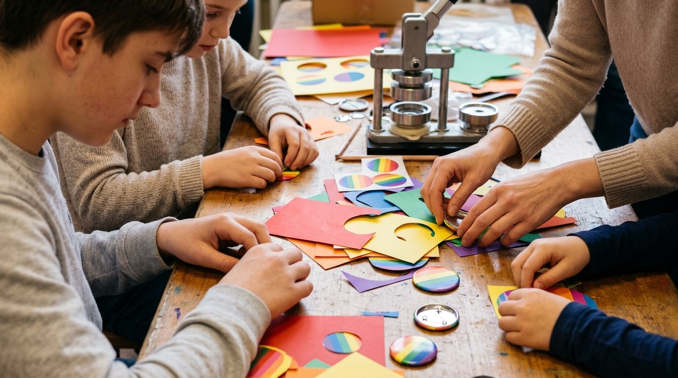 KI-generiertes Bild: Buttons basteln „Q*lub“ — Ingeborg-Drewitz-Bibliothek