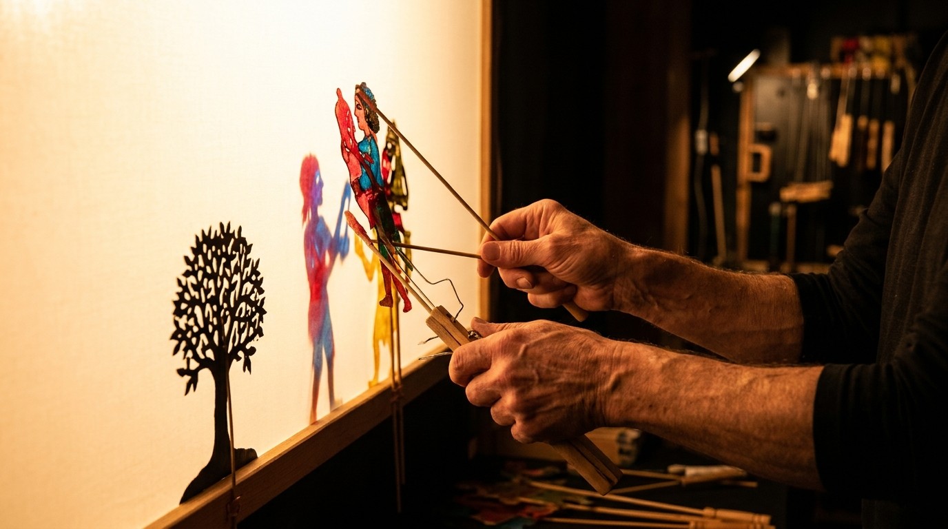 AI-generated image: Shadow play “The Little Tree” — KungerKiezTheater im Park Center Treptow