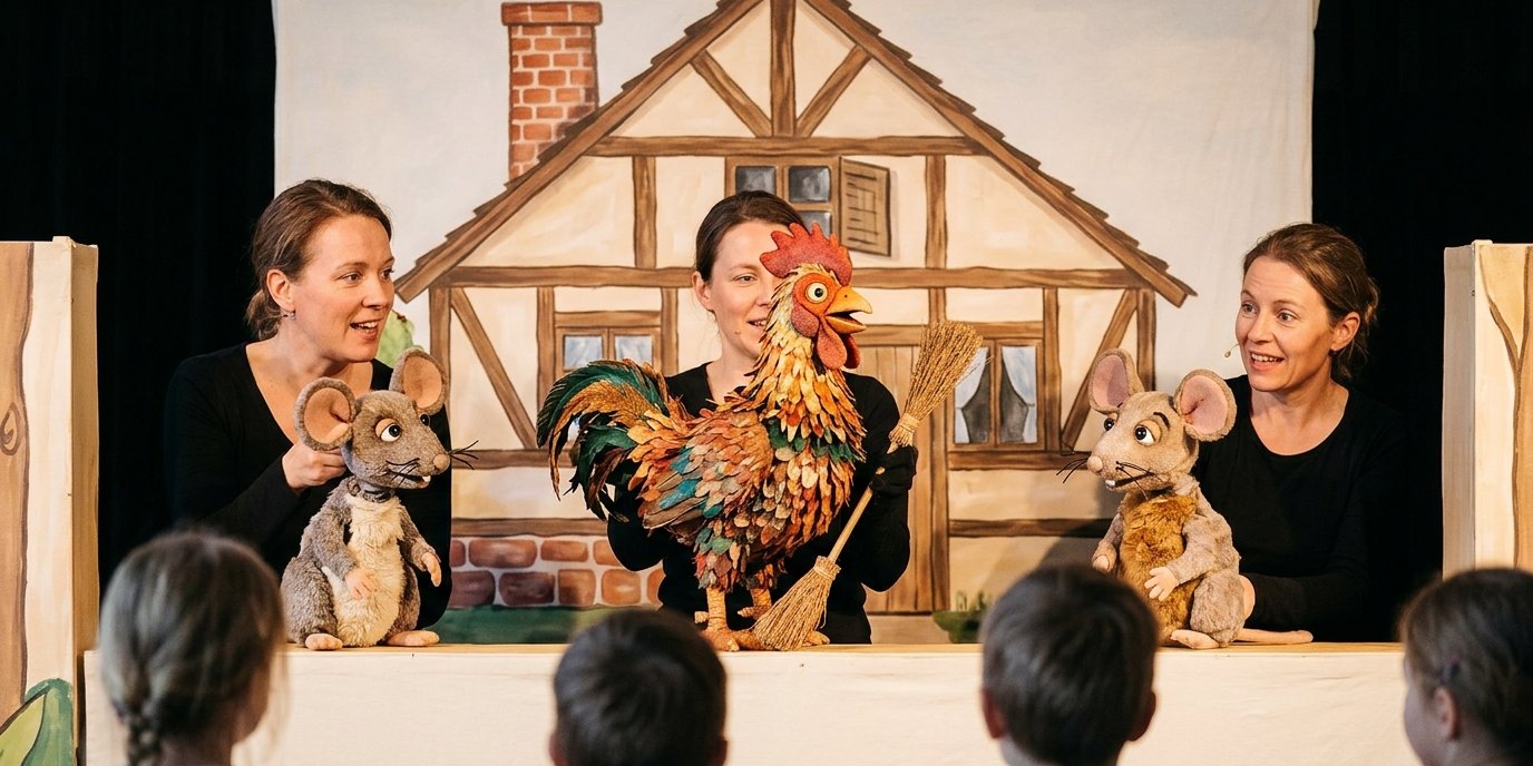 AI-generated image: Puppet show “Gockel Jockel und die Weizenähre” — Ingeborg-Drewitz-Bibliothek