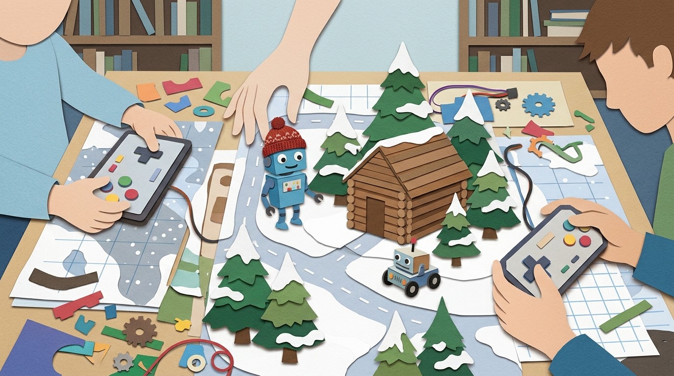 Illustration: “Robos im Winterland” — Stadtteilbibliothek Reinickendorf-West