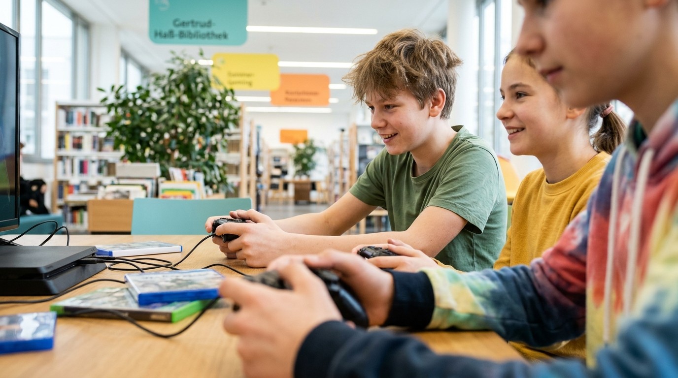 AI-generated image: After school gaming — Gertrud-Haß-Bibliothek