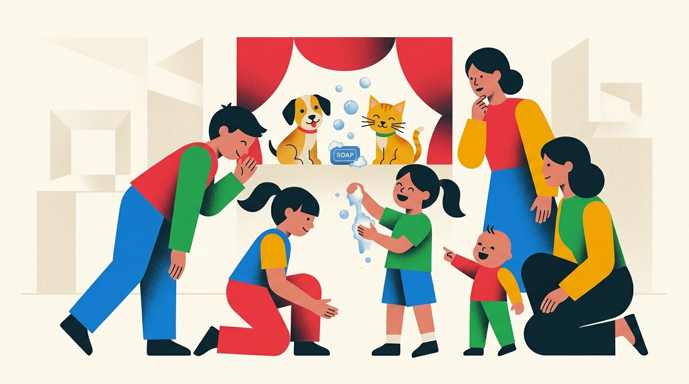 Illustration: Water and soap for puppy and kitten — Puppentheater-Museum Berlin