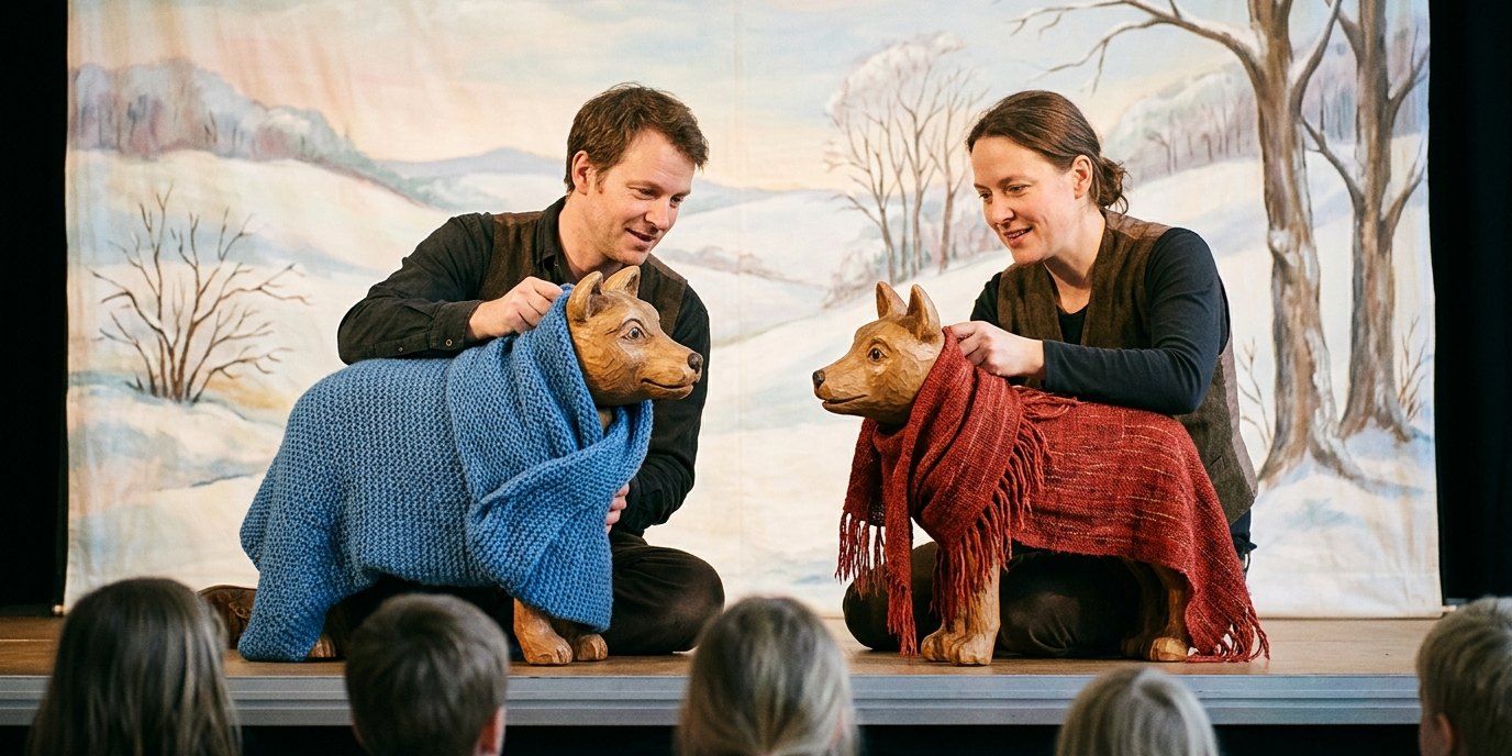 AI-generated image: Puppet show “Winter Time for Dog and Cat” — Figurentheater Grashüpfer