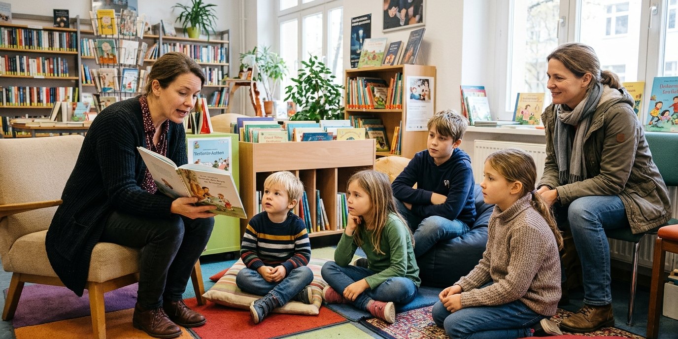 AI-generated image: Storytime with Lesewelt — Egon-Erwin-Kisch-Bibliothek