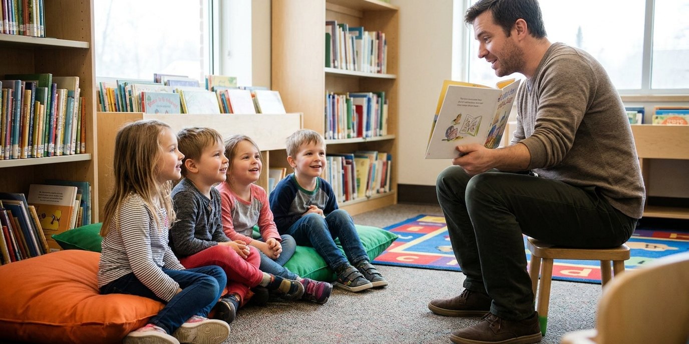 AI-generated image: Reading hour — Bibliothek im Märkischen Viertel