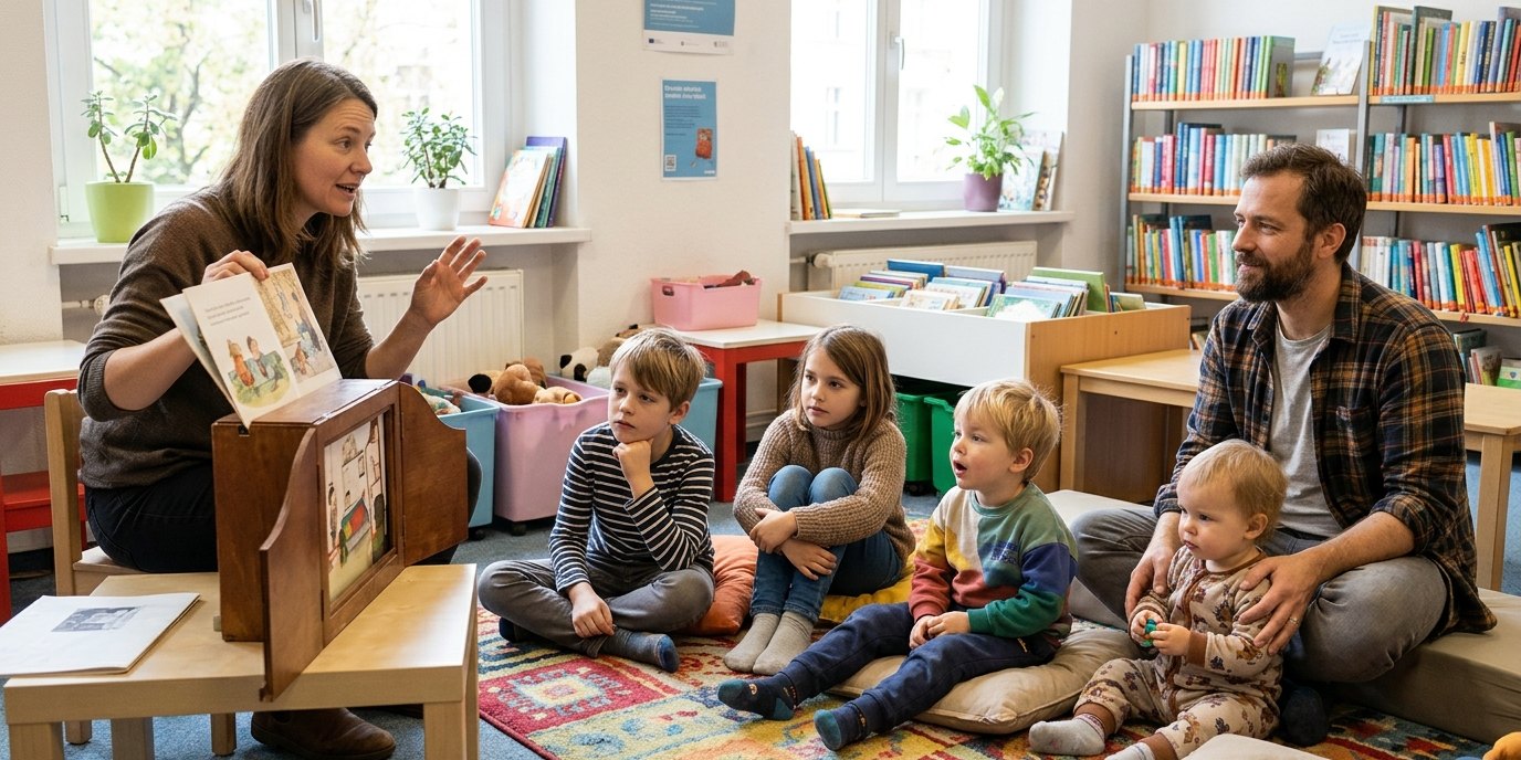 AI-generated image: Kamishibai storytelling — Stadtteilbibliothek Lankwitz