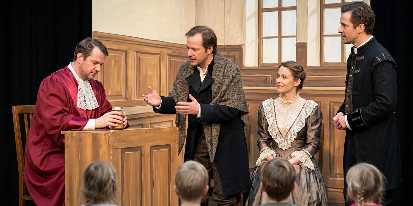AI-generated image: Comedy “Krug. Zerbrochen!” — Theater Strahl
