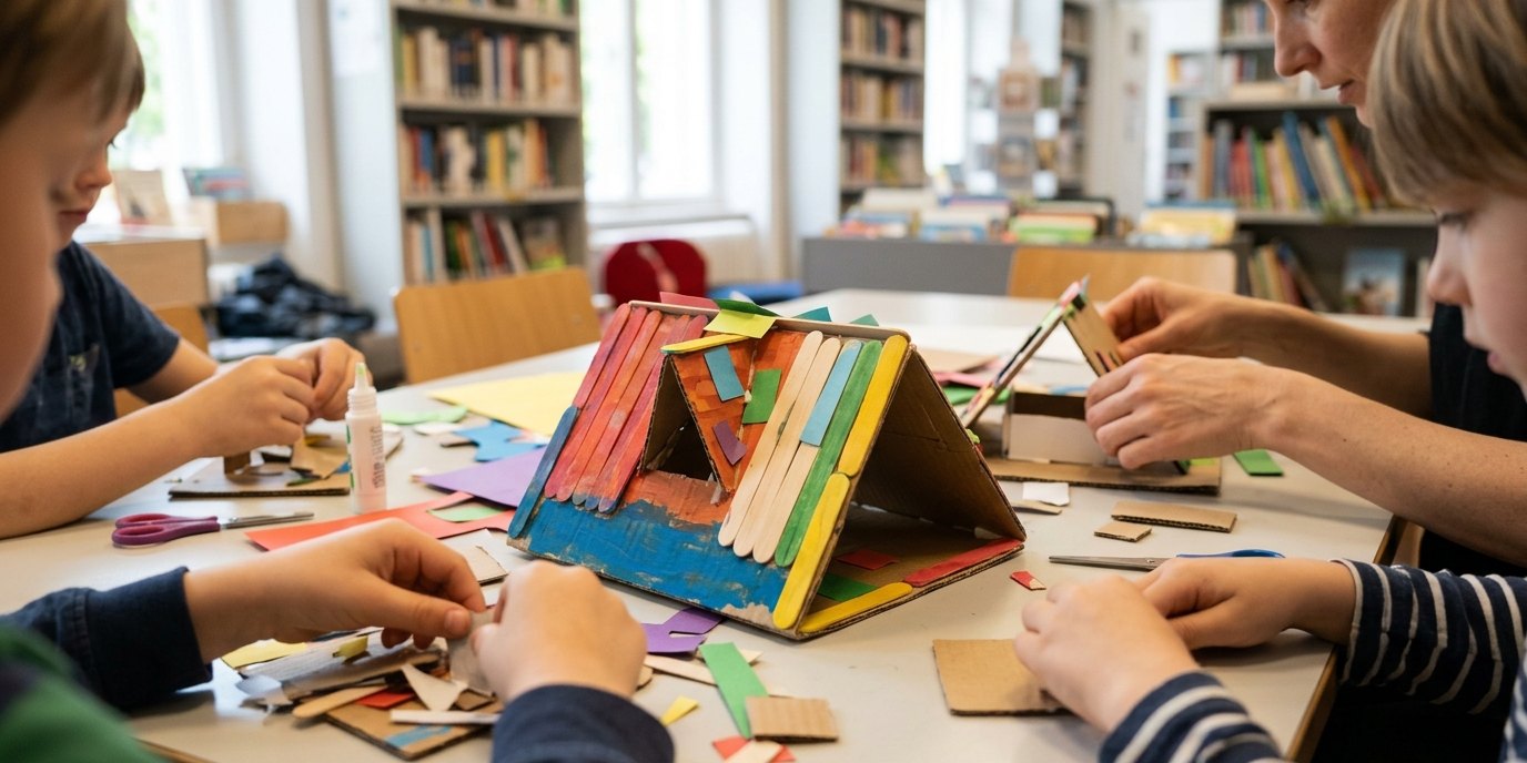 KI-generiertes Bild: Workshop „Dach in ungewöhnlicher Form“ 6–8 — Totschka — Bilingual Children's Library