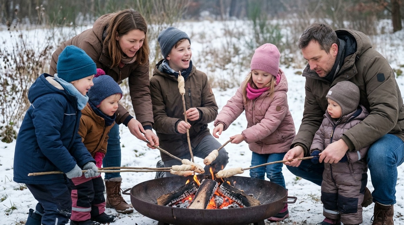AI-generated image: Campfire bread baking — Naturschutzzentrum Ökowerk
