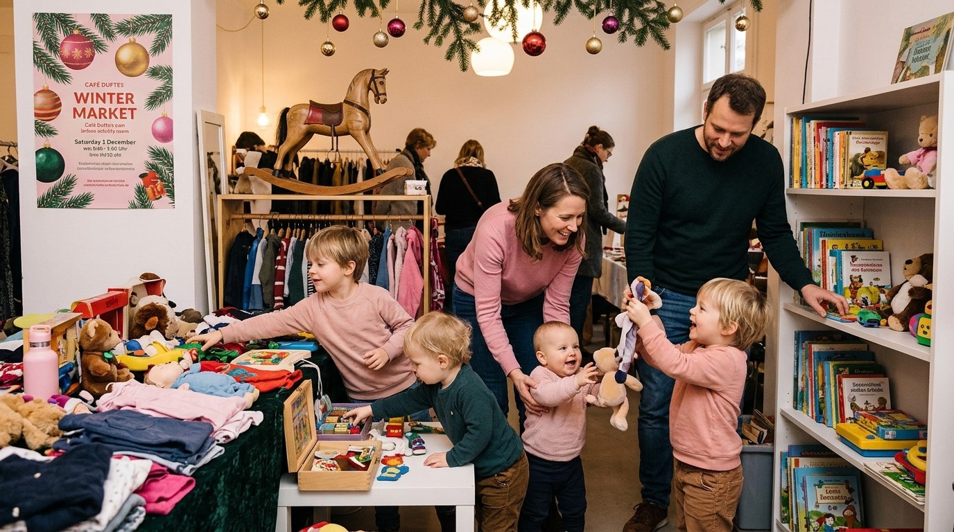 KI-generiertes Bild: Winter-Flohmarkt — Café Dufte
