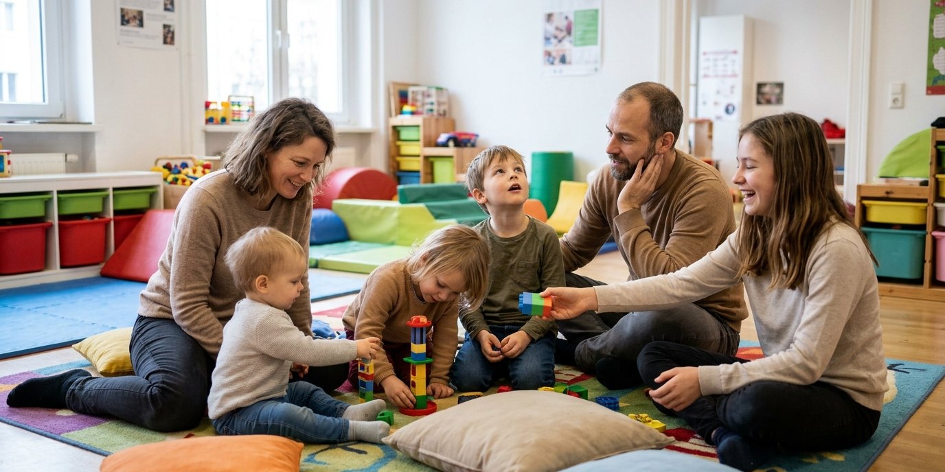 AI-generated image: Asian-German parent and child group — Kreativhaus