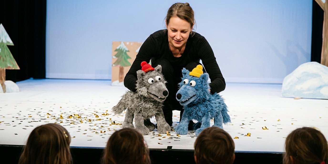 AI-generated image: Puppet show “The Happiness That Wouldn't Fall” — Figurentheater Grashüpfer