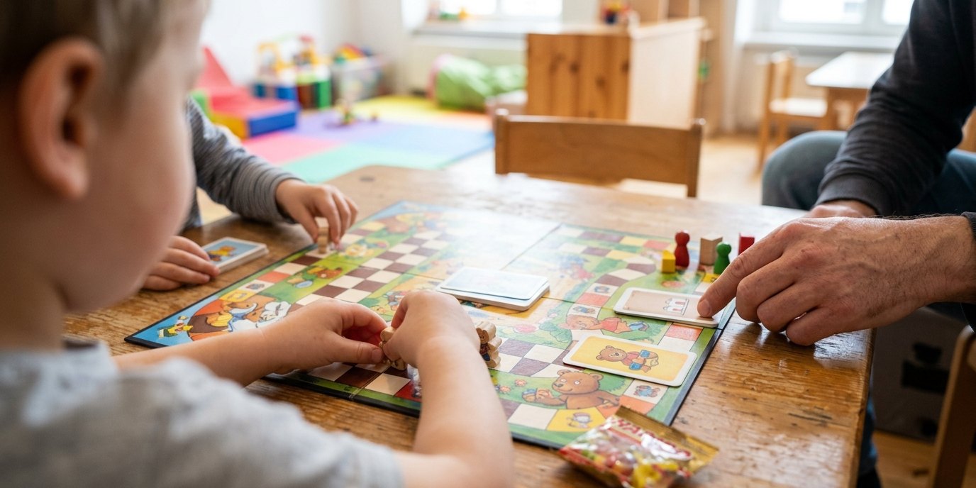 AI-generated image: Family board game session — Stadtteilzentrum Prenzlauer Berg