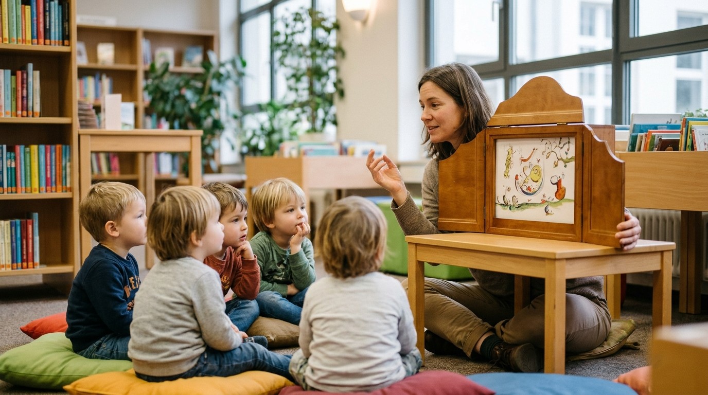 AI-generated image: Kamishibai storytelling — Humboldt-Bibliothek
