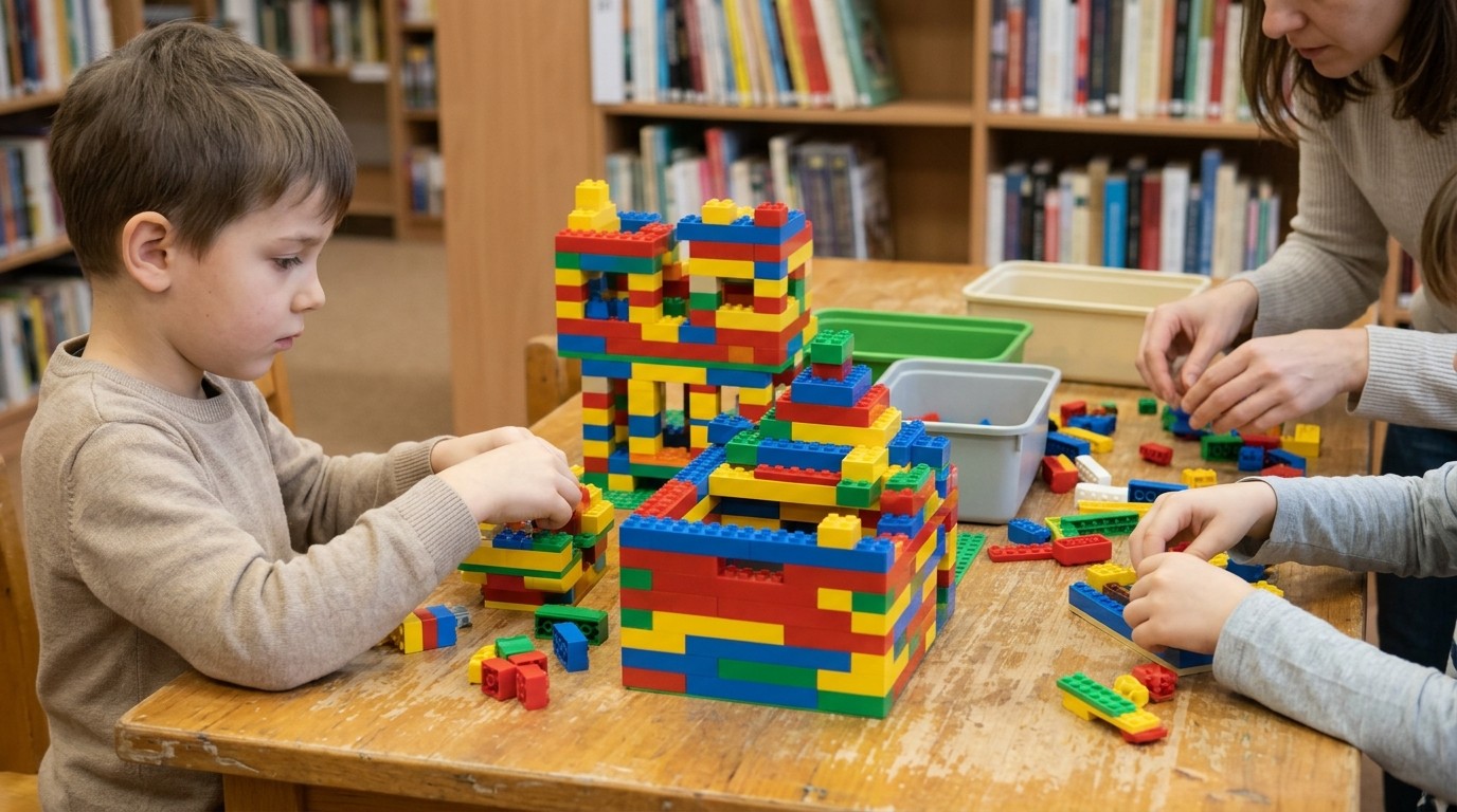KI-generiertes Bild: LEGO Build the Change — Bibliothek Schöneberg "Theodor-Heuss-Bibliothek"