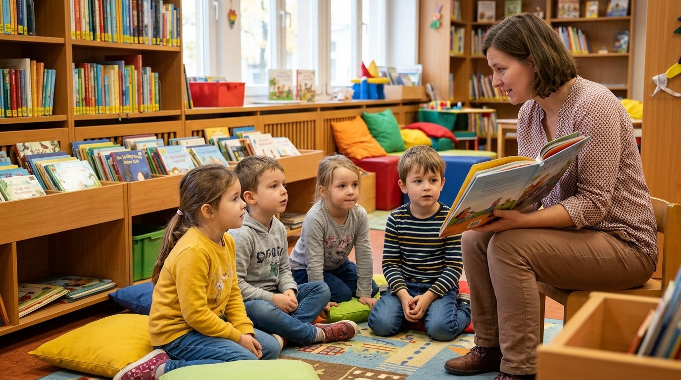 AI-generated image: Reading “Help! A Book!” — Stadtteilbibliothek Falkenhagener Feld