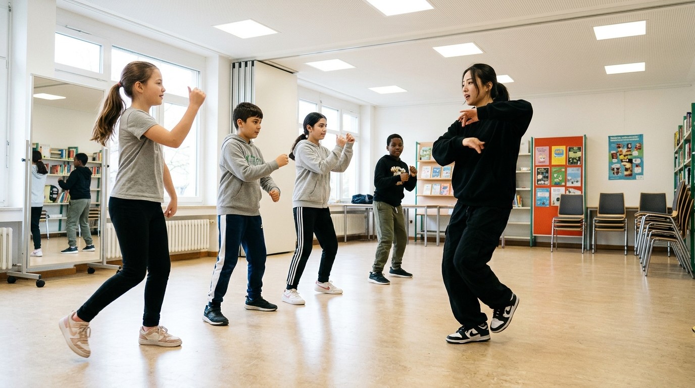 AI-generated image: K-pop dance workshop — Gertrud-Haß-Bibliothek