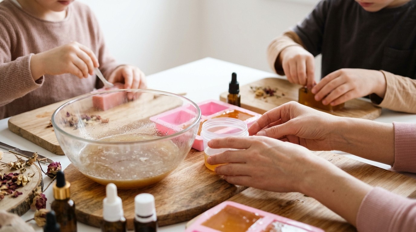 KI-generiertes Bild: DIY-Seifenworkshop „Schaum & Science“ — MINT-Heldinnen A32