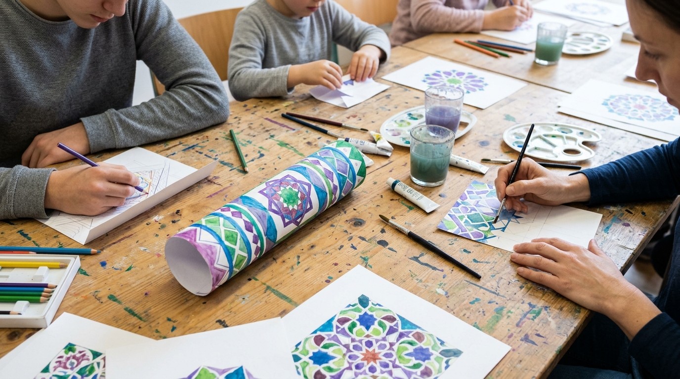KI-generiertes Bild: Workshop „Islamische Muster zeichnen“ — Haus Bastian