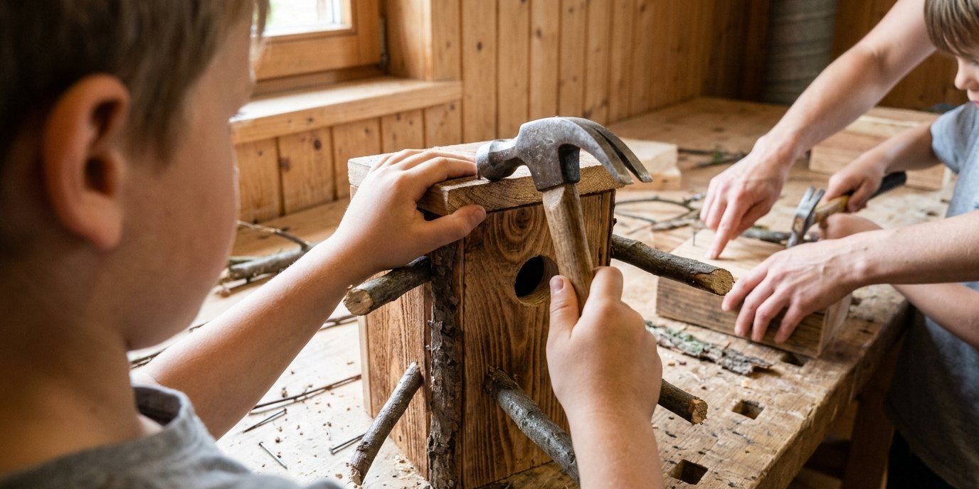 AI-generated image: Nest box building workshop — Naturschutzzentrum Ökowerk