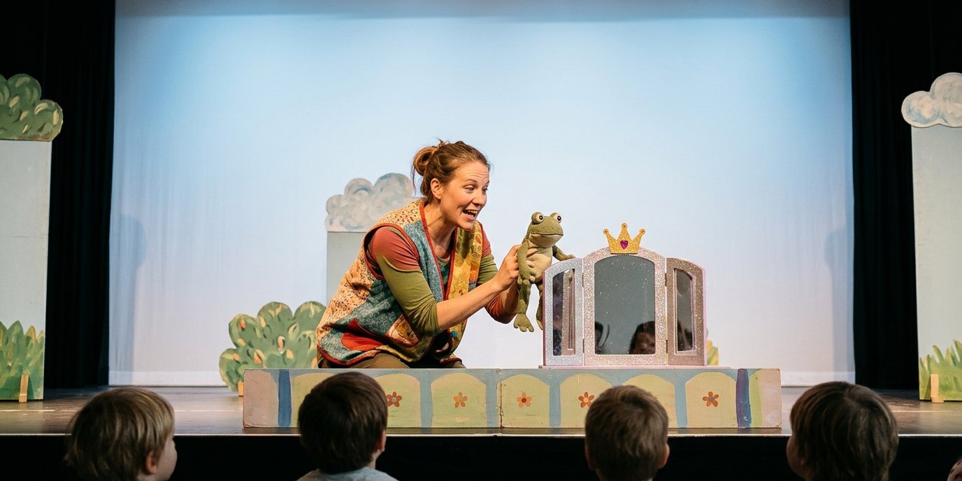 AI-generated image: Puppet show “Frog King – Unmasked” — Dorfkirche Alt-Staaken