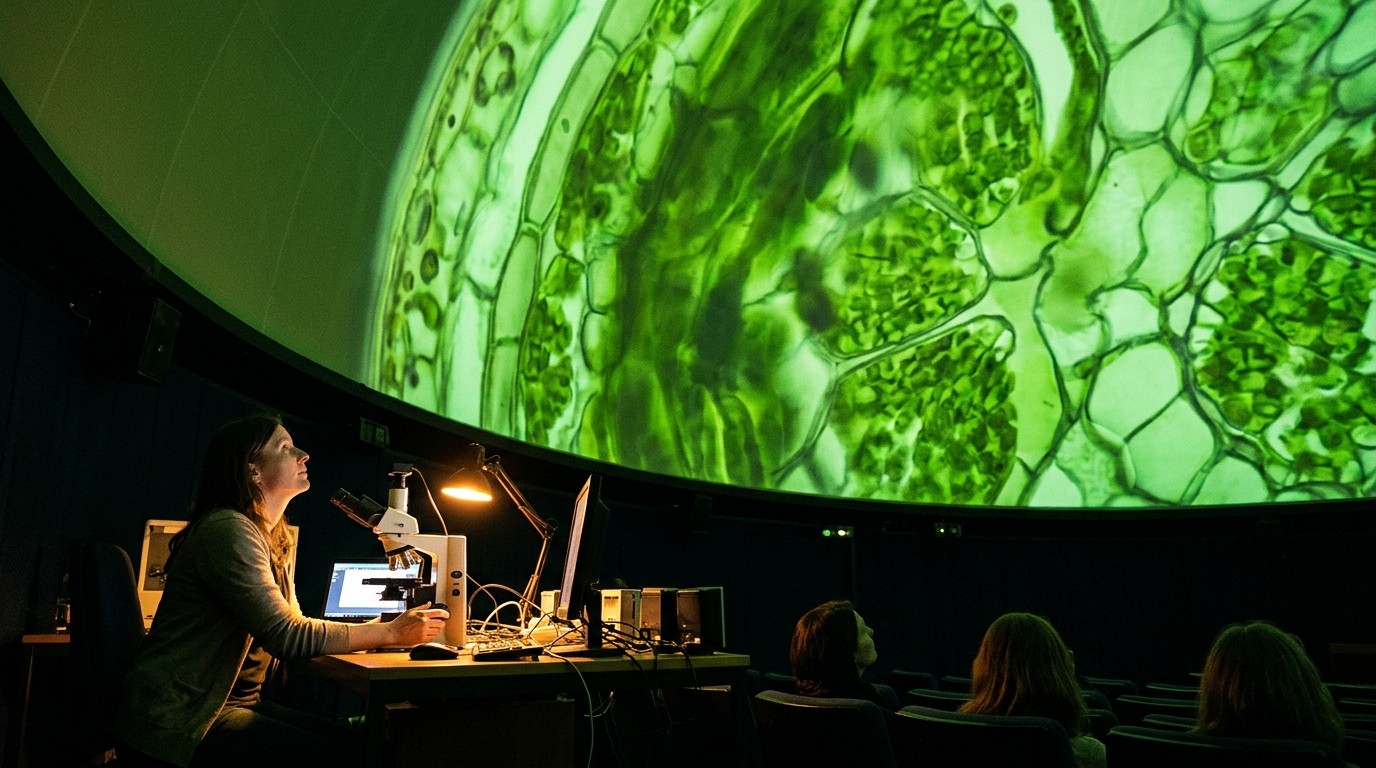 AI-generated image: Workshop “Invisible Worlds: Mega-Microscopy” — Zeiss-Großplanetarium