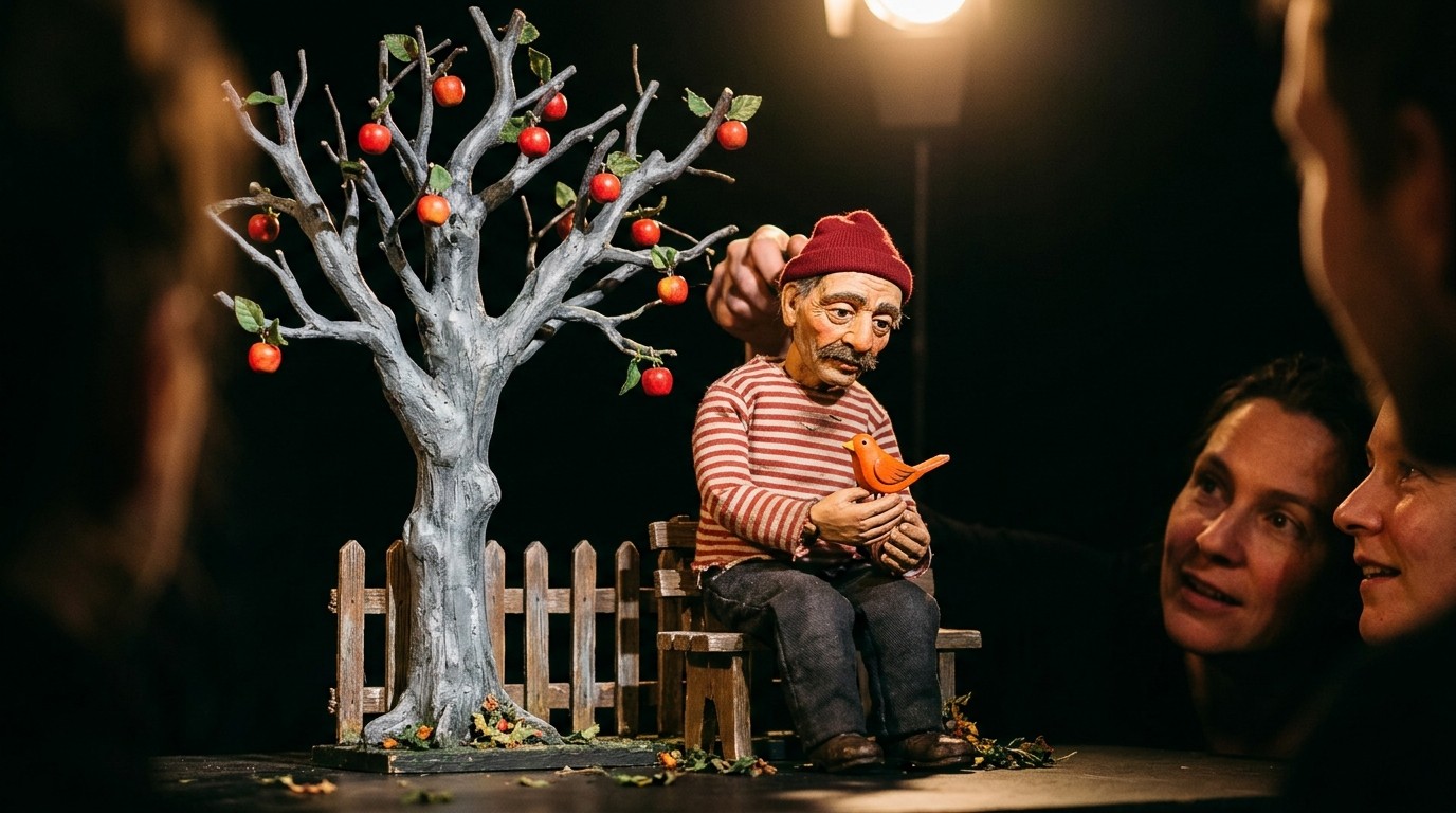 AI-generated image: Puppet show “Janoschs Apfelmännchen” — Fido Bergmannkiez