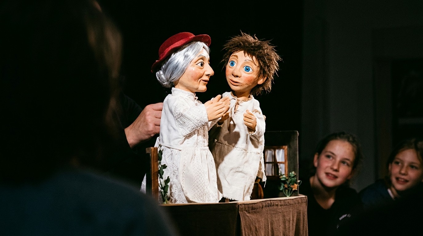 AI-generated image: Puppet show “Frau Holle Out of Control” — Bibliothek Lichtenrade