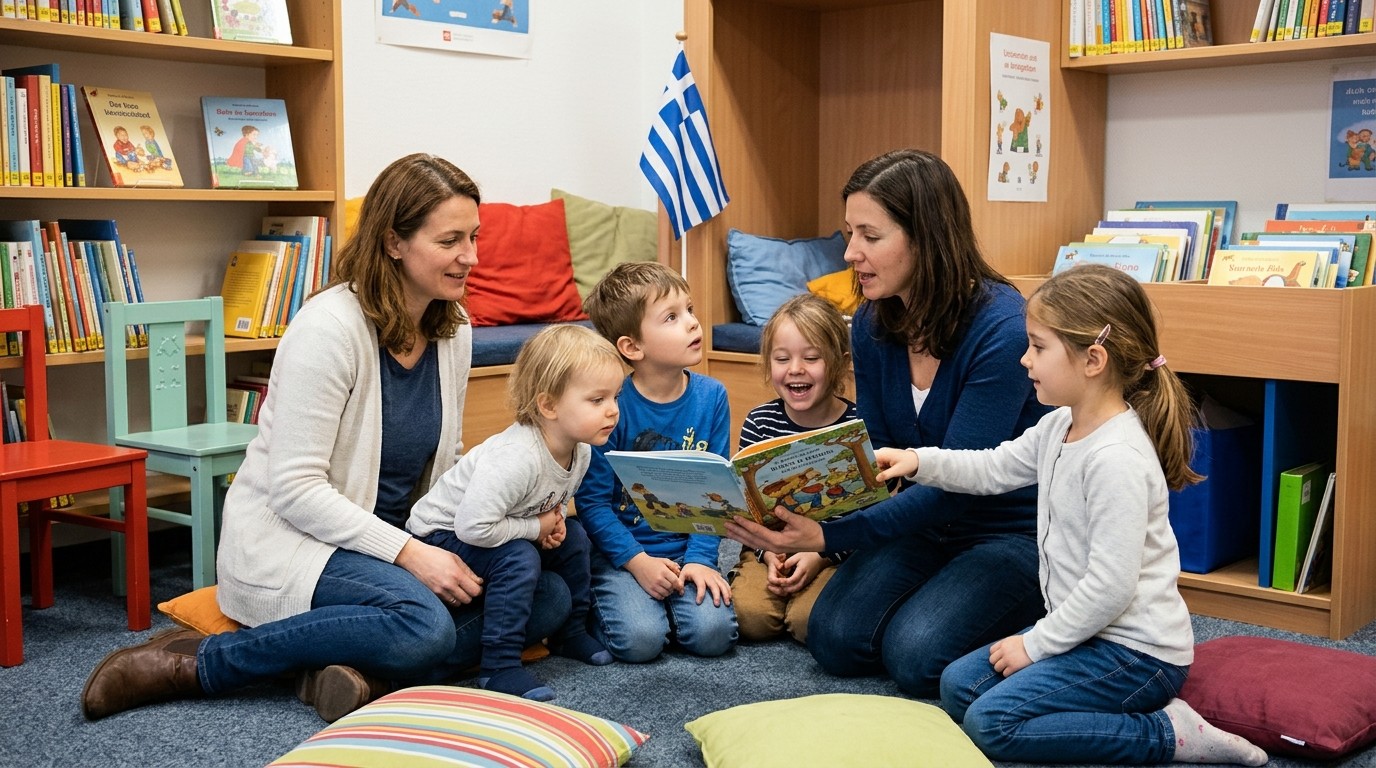 Изображение, созданное ИИ: Чтение историй на греческом — Ingeborg-Drewitz-Bibliothek