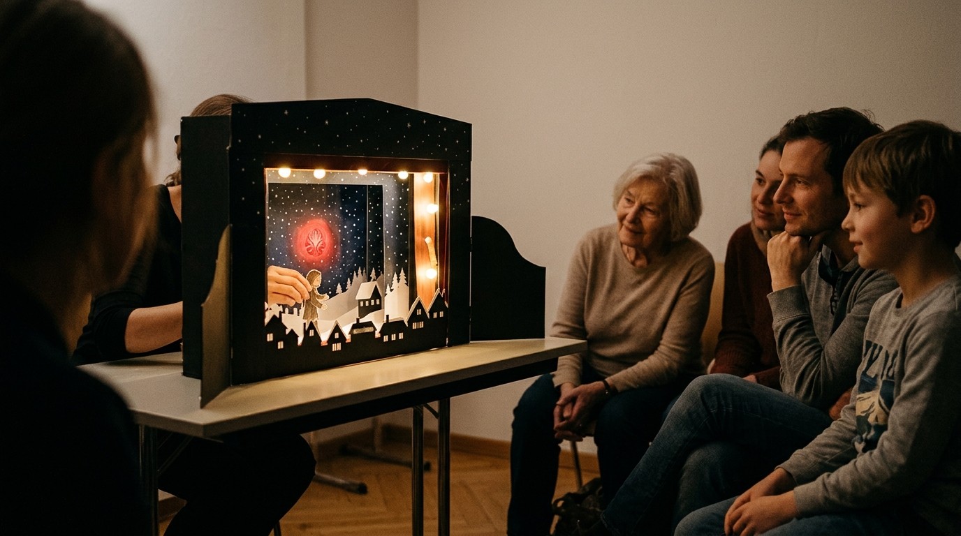 AI-generated image: Paper theatre “Mrs. Coffeepot and Mr. Rolling Cookie” — Papiertheater an der Oppermann