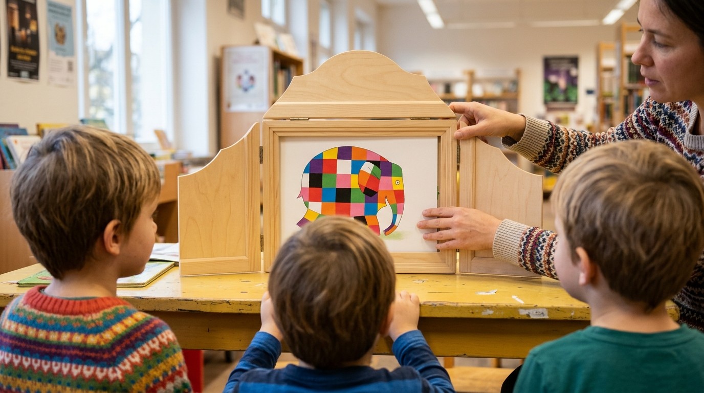 AI-generated image: Kamishibai storytelling — Anton-Saefkow-Bibliothek