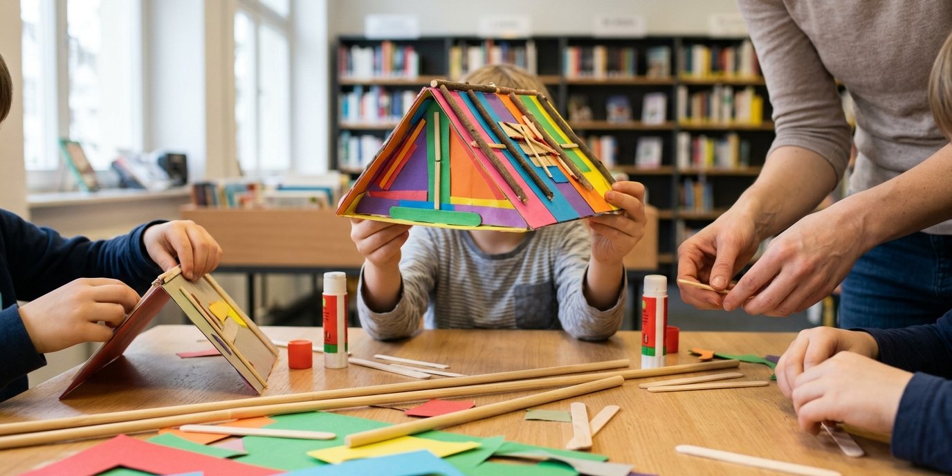 KI-generiertes Bild: Workshop „Dach in ungewöhnlicher Form“ 9–11 — Totschka — Bilingual Children's Library