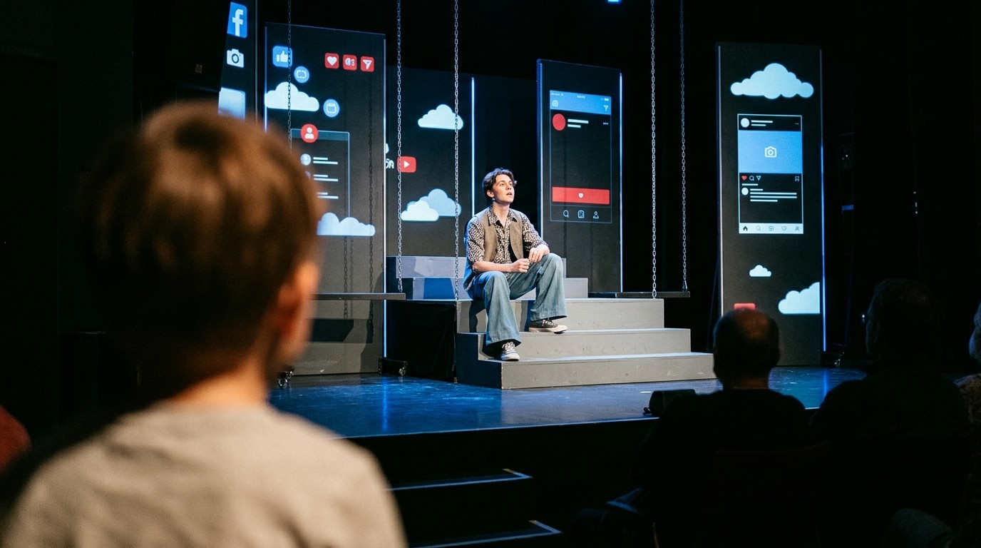 KI-generiertes Bild: Theaterstück „Upload Virgin“ — GRIPS Theater Podewil