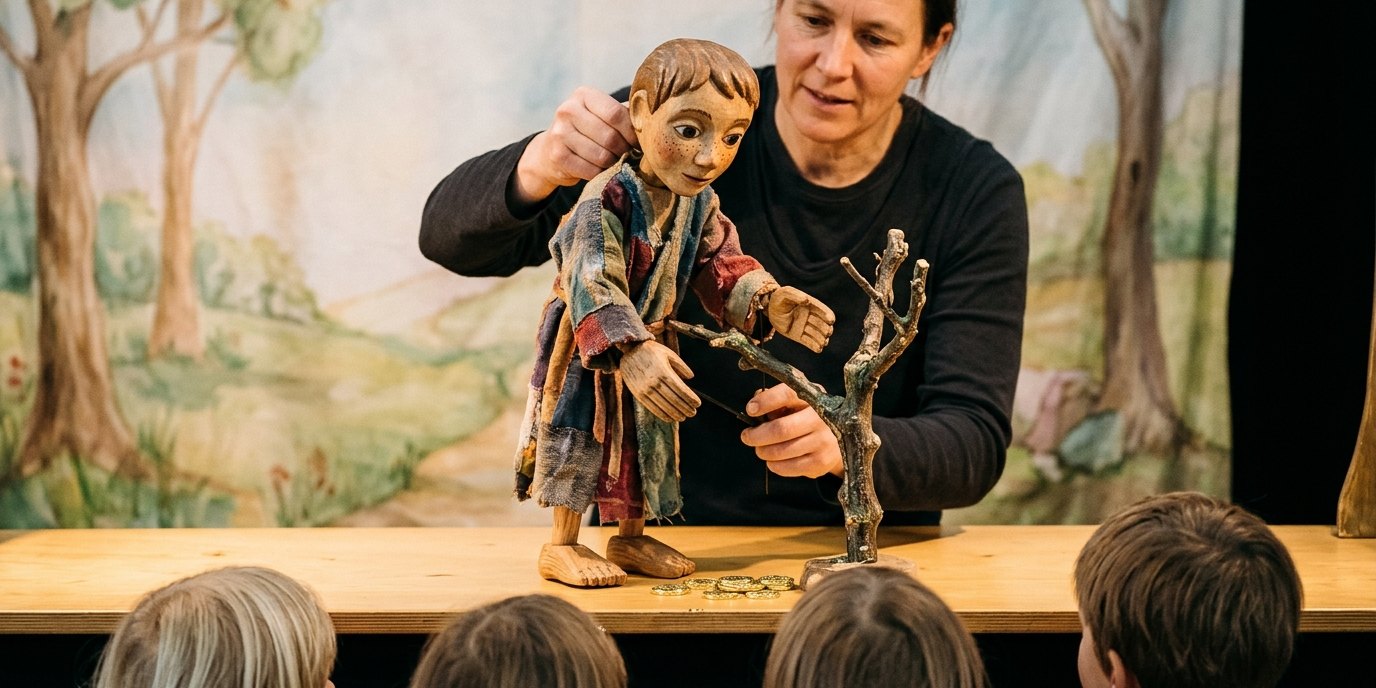 AI-generated image: Puppet show “Sterntaler” — Figurentheater Grashüpfer