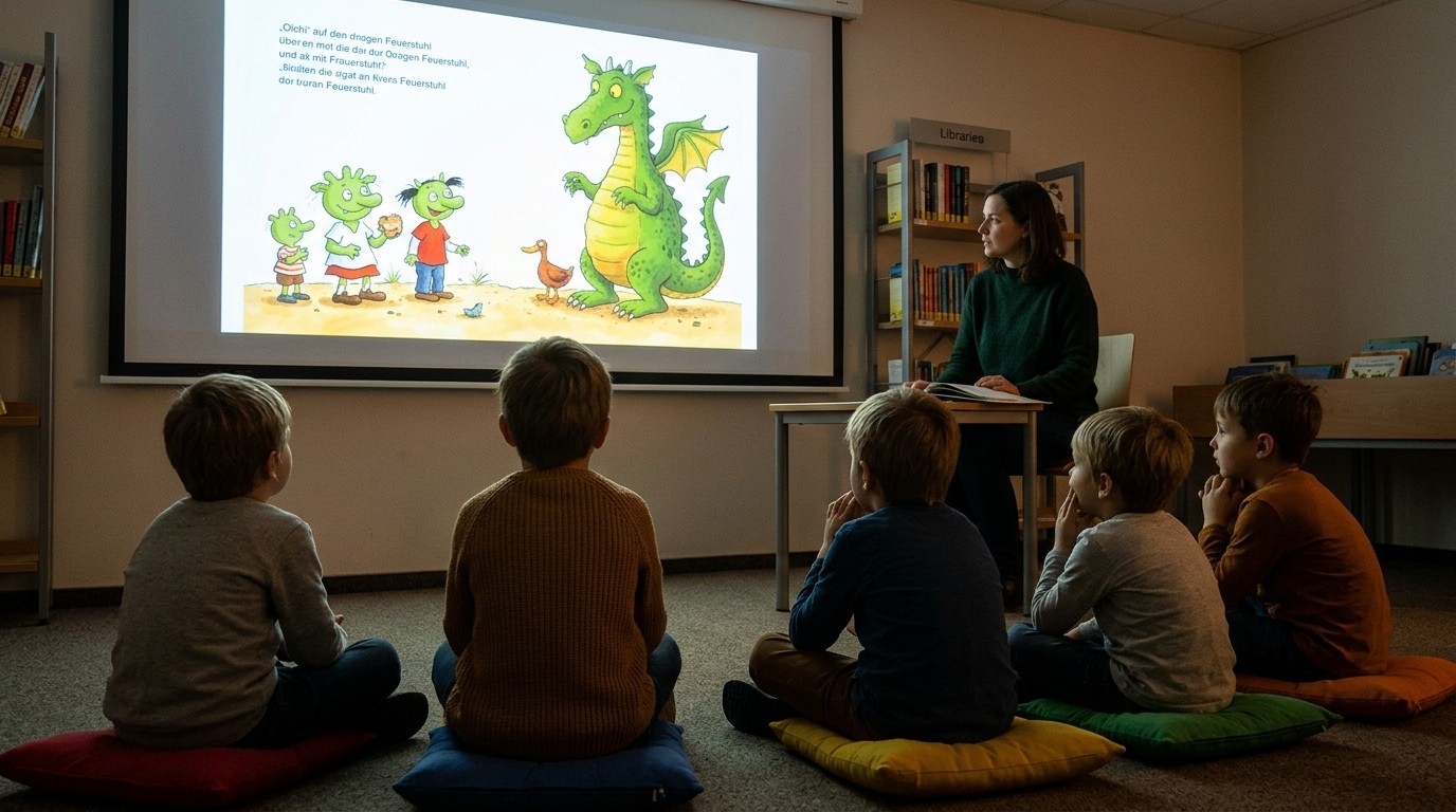 AI-generated image: Picture-book storytime “Die Olchis: Ein Drachenfest für Feuerstuhl” — Ingeborg-Drewitz-Bibliothek