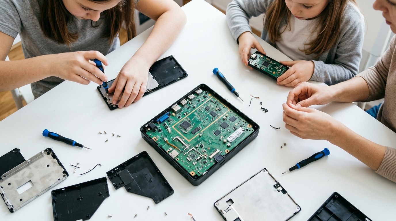 AI-generated image: Disassembly workshop for girls — Lernkollektiv