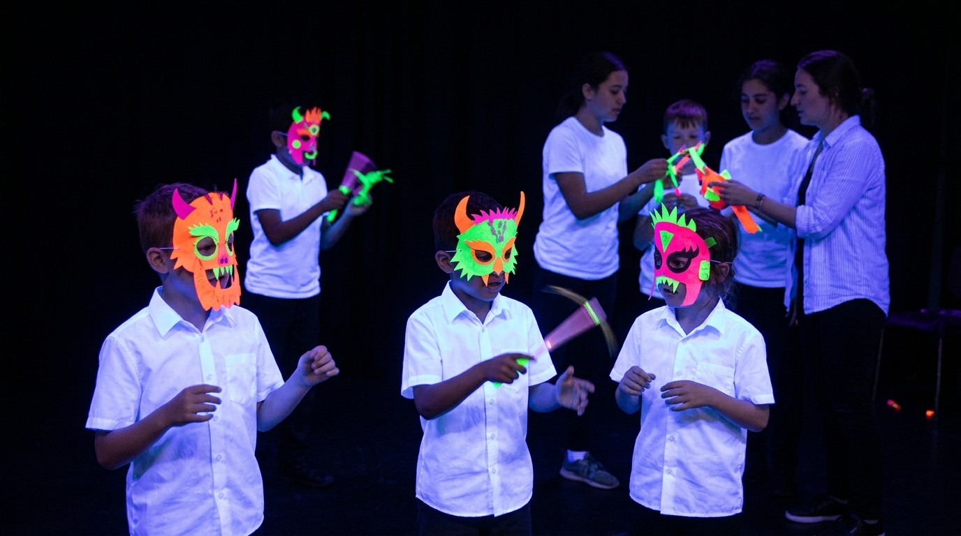 AI-generated image: Blacklight magic workshop — Figurentheater Grashüpfer